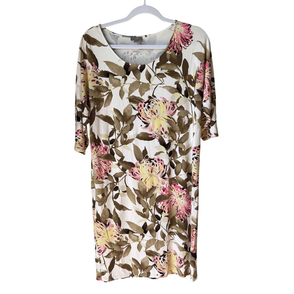 J. Jill Wearever Dress Green Pink Floral Print 3/4 Sleeve Travel Capsule Small
